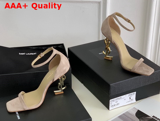 Saint Laurent Opyum Sandals in Suede with Pale Gold Tone Heel Powder Beige Replica