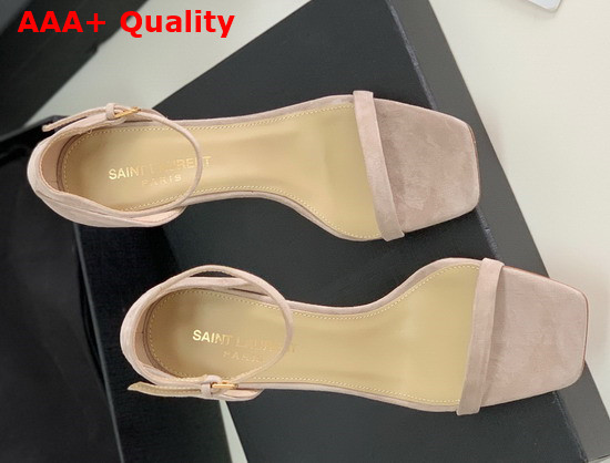 Saint Laurent Opyum Sandals in Suede with Pale Gold Tone Heel Powder Beige Replica