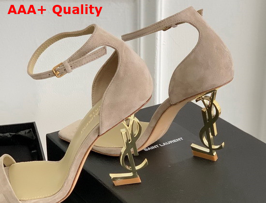 Saint Laurent Opyum Sandals in Suede with Pale Gold Tone Heel Powder Beige Replica