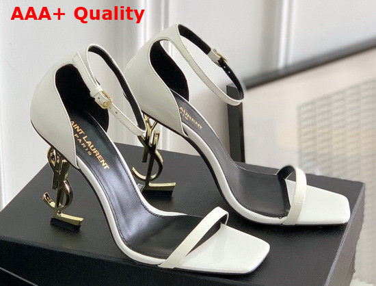 Saint Laurent Opyum Sandals in White Patent Leather with Gold Tone Heel Replica