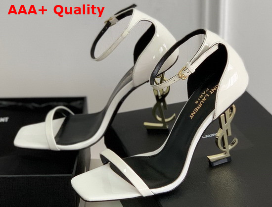 Saint Laurent Opyum Sandals in White Patent Leather with Gold Tone Heel Replica