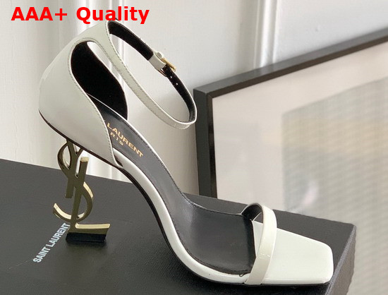 Saint Laurent Opyum Sandals in White Patent Leather with Gold Tone Heel Replica