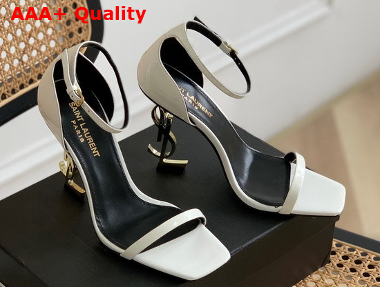 Saint Laurent Opyum Sandals in White Patent Leather with Gold Tone Heel Replica