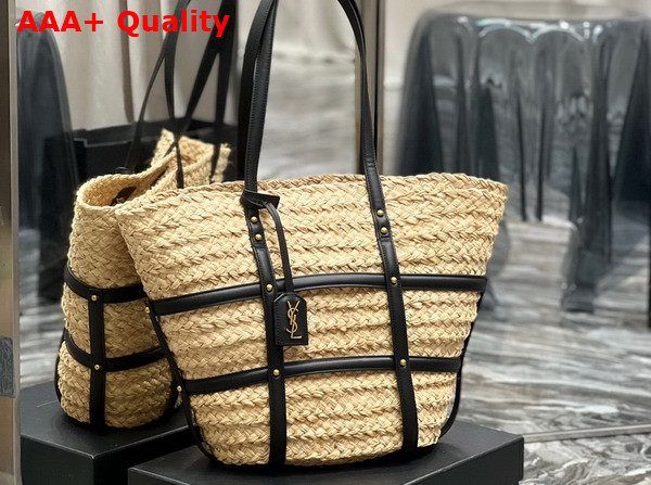 Saint Laurent Panier Medium Bag in Natural Raffia and Smooth Leather Naturel Replica