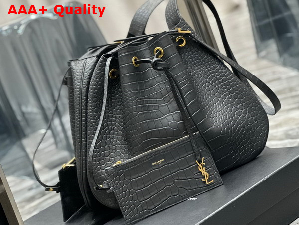 Saint Laurent Paris Vii Large Flat Hobo Bag in Black Crocodile Embossed Leather Replica