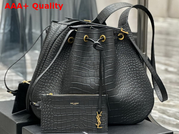 Saint Laurent Paris Vii Large Flat Hobo Bag in Black Crocodile Embossed Leather Replica