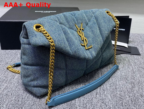 Saint Laurent Puffer Small Chain Bag in Canvas and Smooth Leather Light Blue Replica