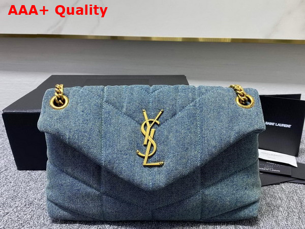 Saint Laurent Puffer Small Chain Bag in Canvas and Smooth Leather Light Blue Replica