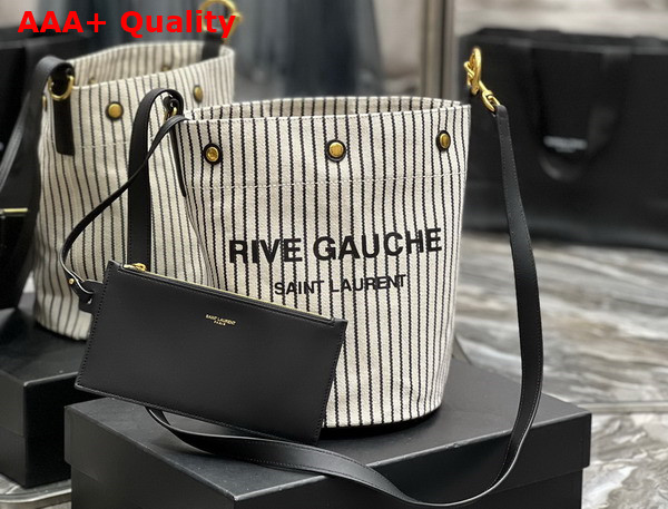 Saint Laurent Rive Gauche Bucket Bag in Striped Canvas and Leather Cream Et Noir Replica