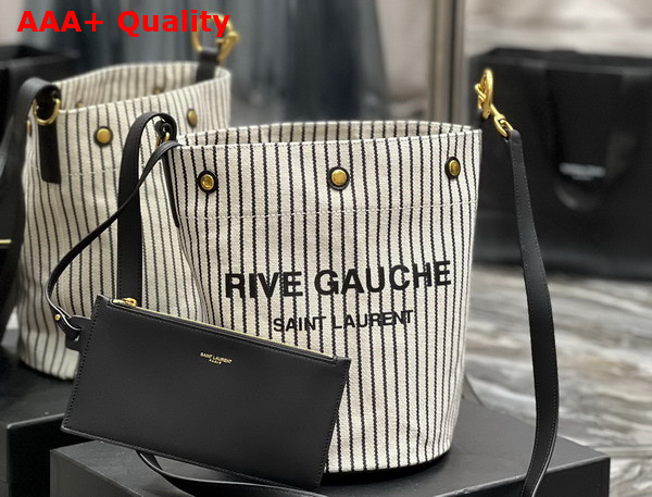 Saint Laurent Rive Gauche Bucket Bag in Striped Canvas and Leather Cream Et Noir Replica