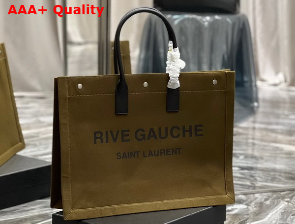 Saint Laurent Rive Gauche Large Tote Bag in Dark Kaki Printed Canvas and Leather Replica