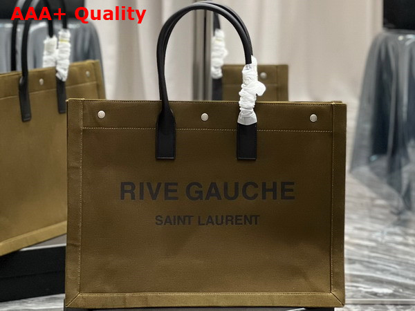 Saint Laurent Rive Gauche Large Tote Bag in Dark Kaki Printed Canvas and Leather Replica