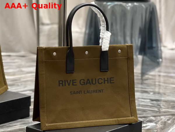 Saint Laurent Rive Gauche Small Tote Bag in Dark Kaki Printed Canvas and Leather Replica