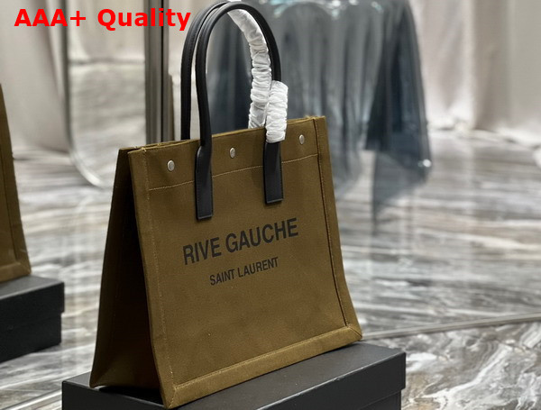 Saint Laurent Rive Gauche Small Tote Bag in Dark Kaki Printed Canvas and Leather Replica