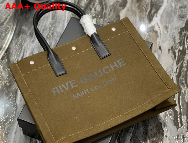 Saint Laurent Rive Gauche Small Tote Bag in Dark Kaki Printed Canvas and Leather Replica