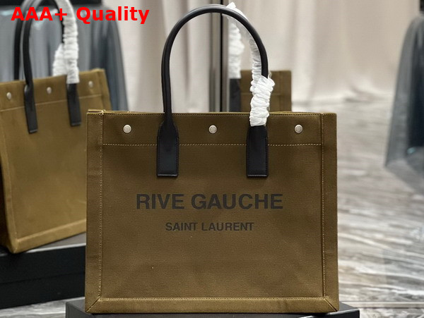 Saint Laurent Rive Gauche Small Tote Bag in Dark Kaki Printed Canvas and Leather Replica