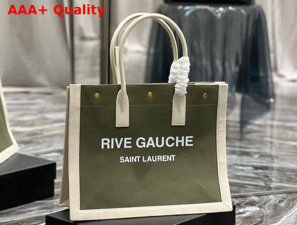 Saint Laurent Rive Gauche Small Tote Bag in Linen and Leather Military Green and Blanc Vintage Replica