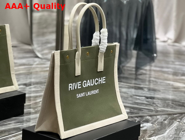 Saint Laurent Rive Gauche Small Tote Bag in Linen and Leather Military Green and Blanc Vintage Replica