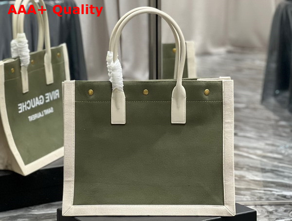 Saint Laurent Rive Gauche Small Tote Bag in Linen and Leather Military Green and Blanc Vintage Replica