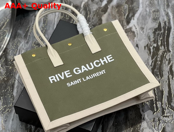 Saint Laurent Rive Gauche Small Tote Bag in Linen and Leather Military Green and Blanc Vintage Replica