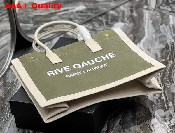 Saint Laurent Rive Gauche Small Tote Bag in Linen and Leather Military Green and Blanc Vintage Replica