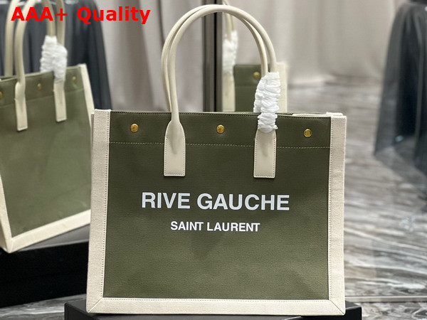 Saint Laurent Rive Gauche Small Tote Bag in Linen and Leather Military Green and Blanc Vintage Replica