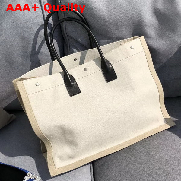 Saint Laurent Rive Gauche Tote Bag in White Linen and Black Leather Replica