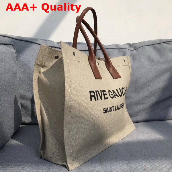 Saint Laurent Rive Gauche Tote Bag in White Linen and Cognac Leather Replica