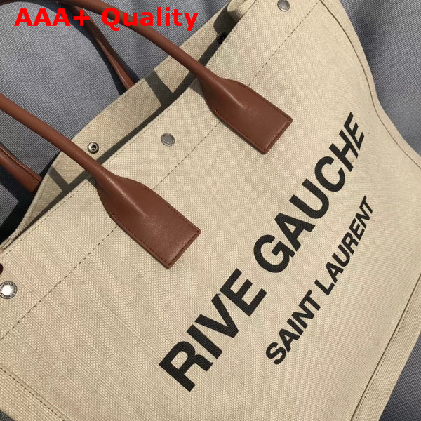 Saint Laurent Rive Gauche Tote Bag in White Linen and Cognac Leather Replica