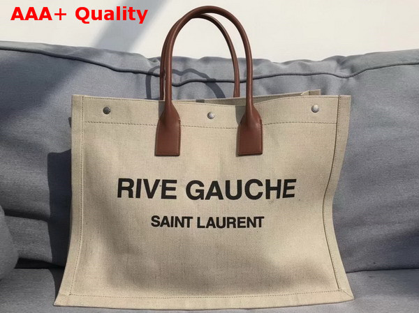 Saint Laurent Rive Gauche Tote Bag in White Linen and Cognac Leather Replica