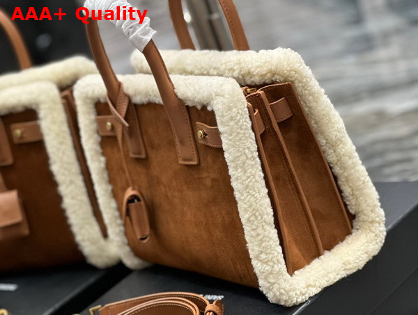 Saint Laurent Sac de Jour Baby in Suede and Shearling Dark Cigar and Natural Beige Replica