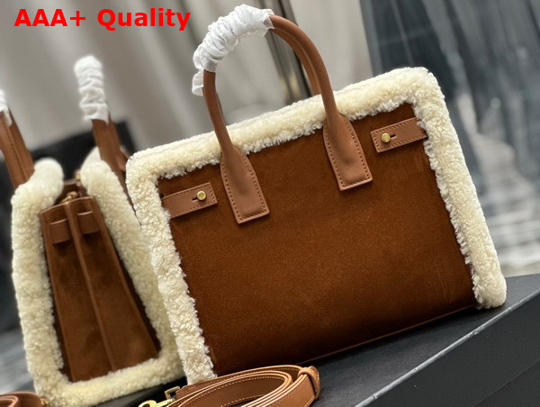 Saint Laurent Sac de Jour Baby in Suede and Shearling Dark Cigar and Natural Beige Replica