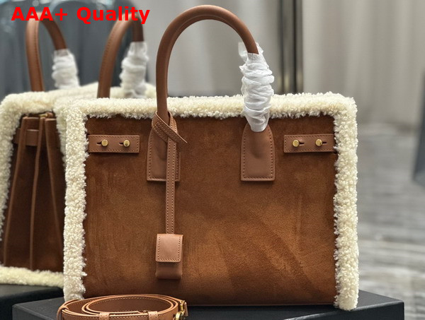 Saint Laurent Sac de Jour Supple Medium in Suede and Shearling Dark Cigar and Natural Beige Replica