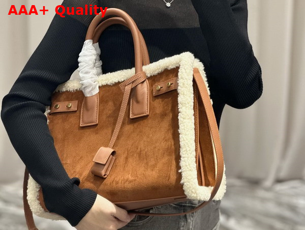 Saint Laurent Sac de Jour Supple Medium in Suede and Shearling Dark Cigar and Natural Beige Replica