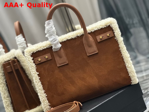 Saint Laurent Sac de Jour Supple Medium in Suede and Shearling Dark Cigar and Natural Beige Replica