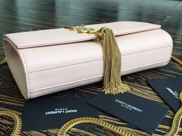 Saint Laurent Shoulder Bag With Interlocking Metal YSL Signature And Metal Chain Tassel Light Pink for Sale