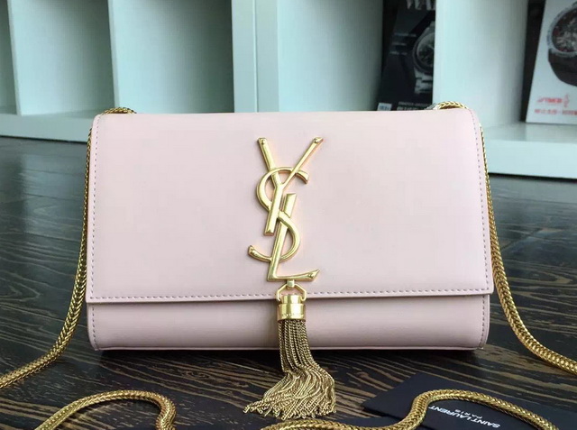 Saint Laurent Shoulder Bag With Interlocking Metal YSL Signature And Metal Chain Tassel Light Pink for Sale