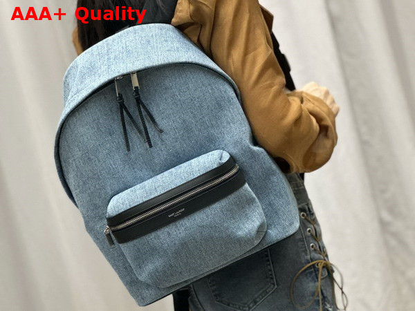 Saint Laurent Small City Backpack in Light Blue Denim and Black Leather Replica