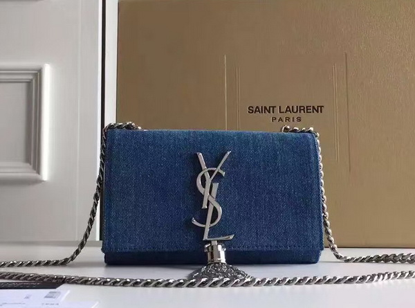 Saint Laurent Small Tassel Satchel Blue Denim Fabric for Sale