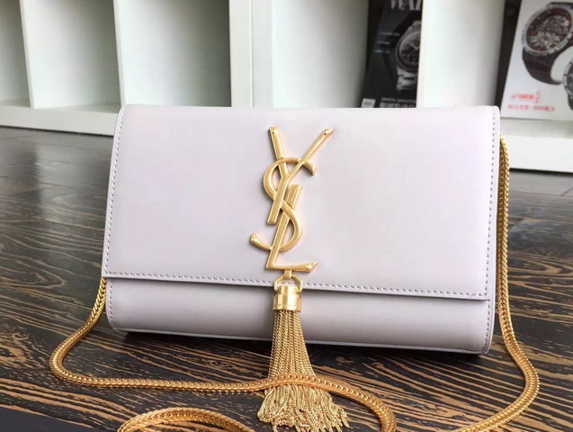 Saint Laurent Small Tassel Satchel Light Grey Gold Chain for Sale