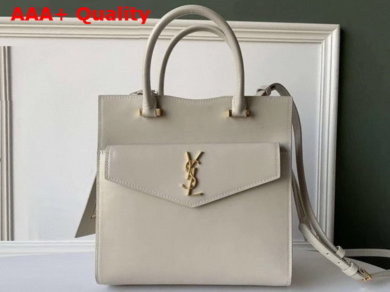 Saint Laurent Small Uptown Tote in Blanc Vintage Shiny Smooth Leather Replica