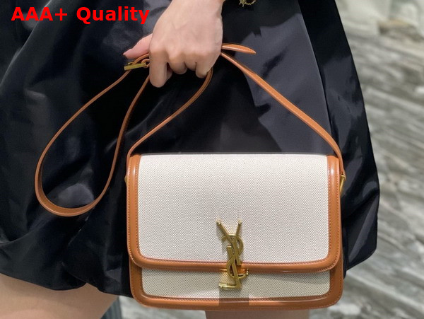 Saint Laurent Solferino Medium Satchel in Canvas and Smooth Leather Natural and Tan Replica