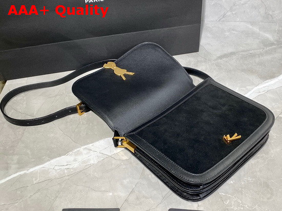 Saint Laurent Solferino Medium Soft Satchel in Suede and Smooth Leather Black Replica