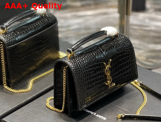 Saint Laurent Sunset Chain Wallet in Shiny Crocodile Embossed Leather Black Replica