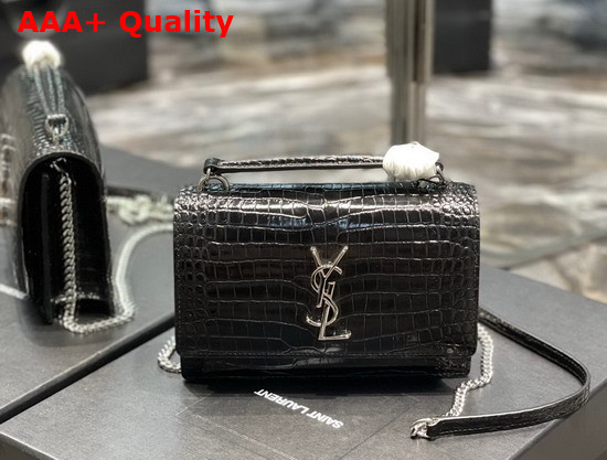 Saint Laurent Sunset Chain Wallet in Shiny Crocodile Embossed Leather Black Replica