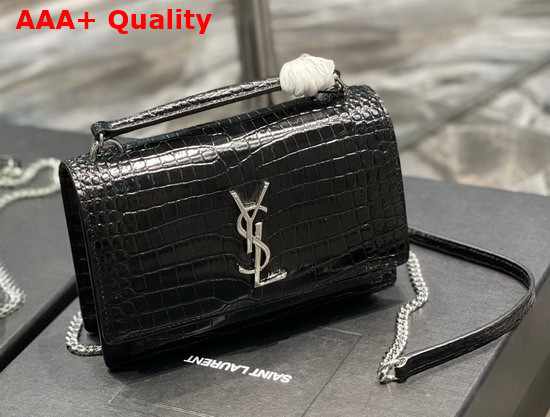 Saint Laurent Sunset Chain Wallet in Shiny Crocodile Embossed Leather Black Replica