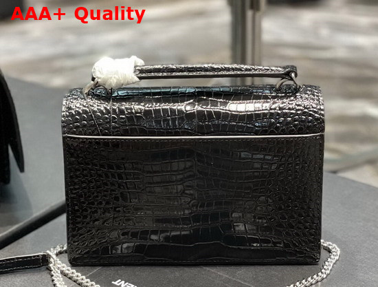 Saint Laurent Sunset Chain Wallet in Shiny Crocodile Embossed Leather Black Replica