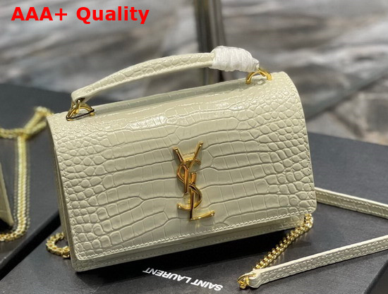 Saint Laurent Sunset Chain Wallet in Shiny Crocodile Embossed Leather Blanc Vintage Replica