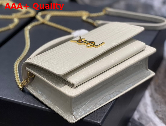 Saint Laurent Sunset Chain Wallet in Shiny Crocodile Embossed Leather Blanc Vintage Replica