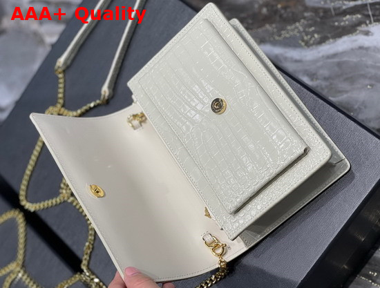 Saint Laurent Sunset Chain Wallet in Shiny Crocodile Embossed Leather Blanc Vintage Replica